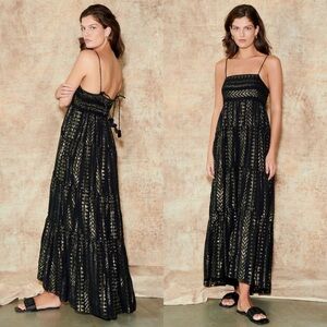 Saylor Joanie Tiered Maxi Dress Fringe Tassel Ties Black Metallic Details M